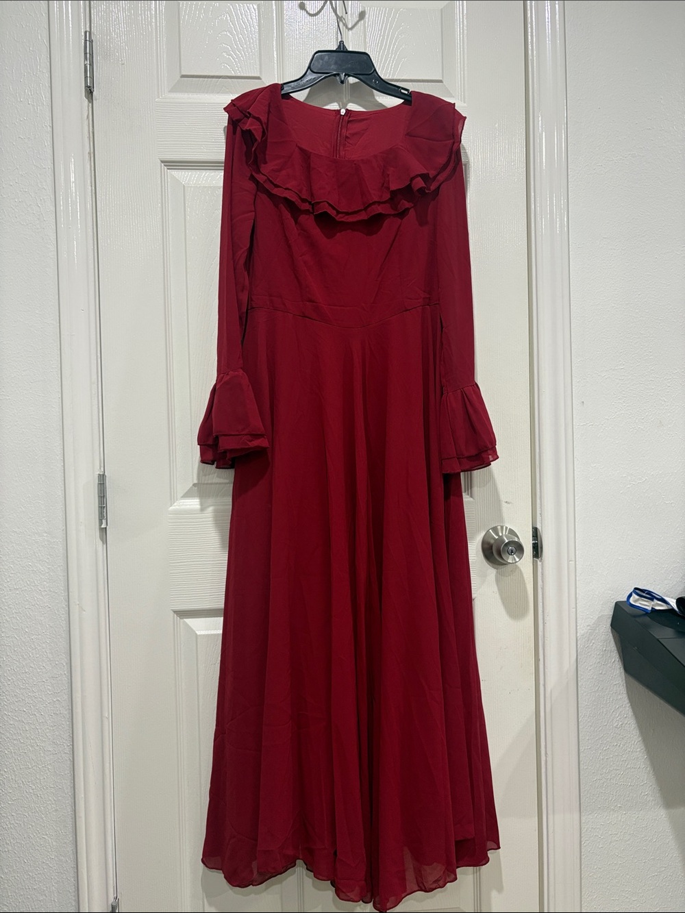 Elegant Red Long-Sleeve Ruffle Maxi Dress
